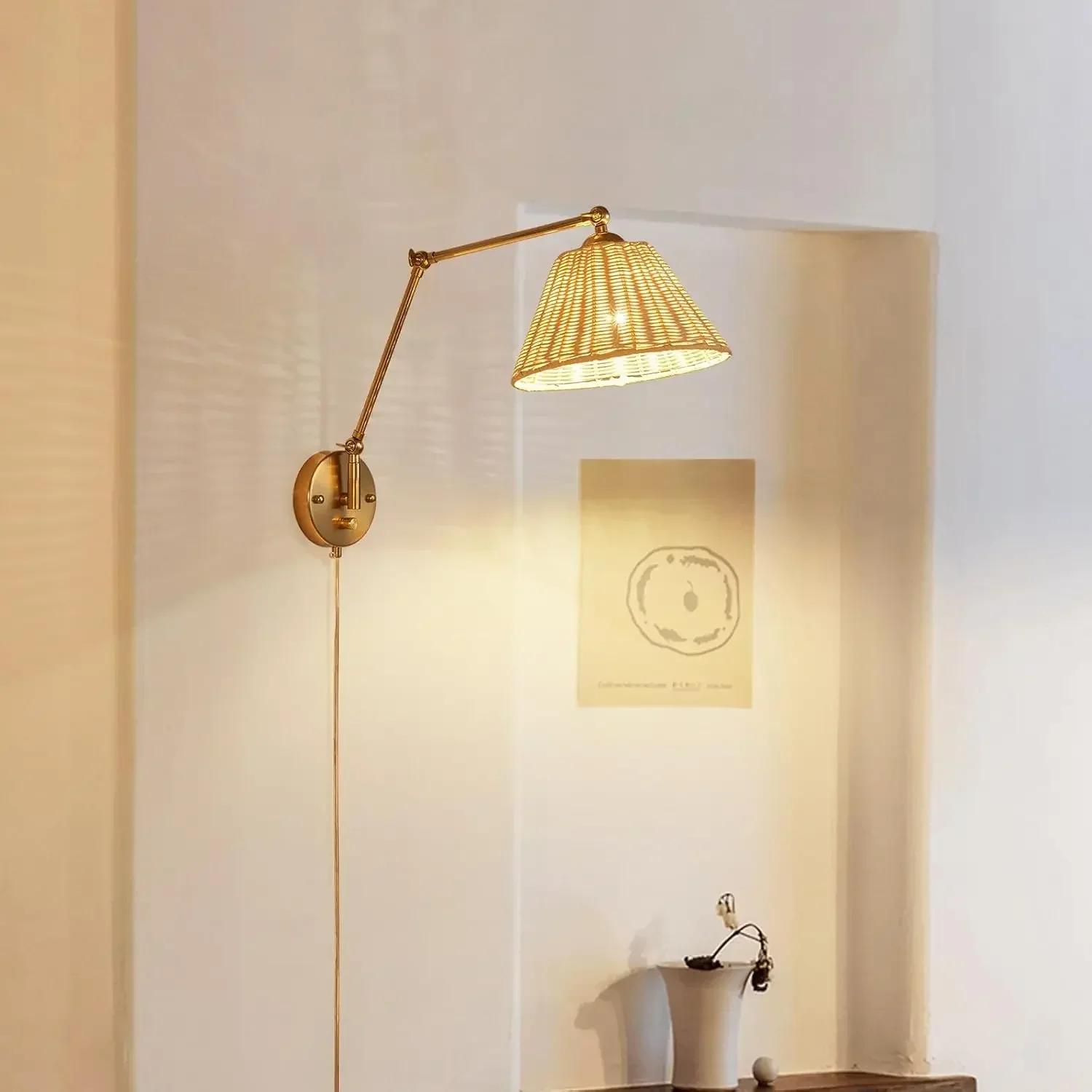 Gold Dimmable Plug in Wall Sconces Set of 2 with Swing Arm, Hand Woven Rattan Wall Sonce Light Fixture, Vintage Bedside Wall Mou