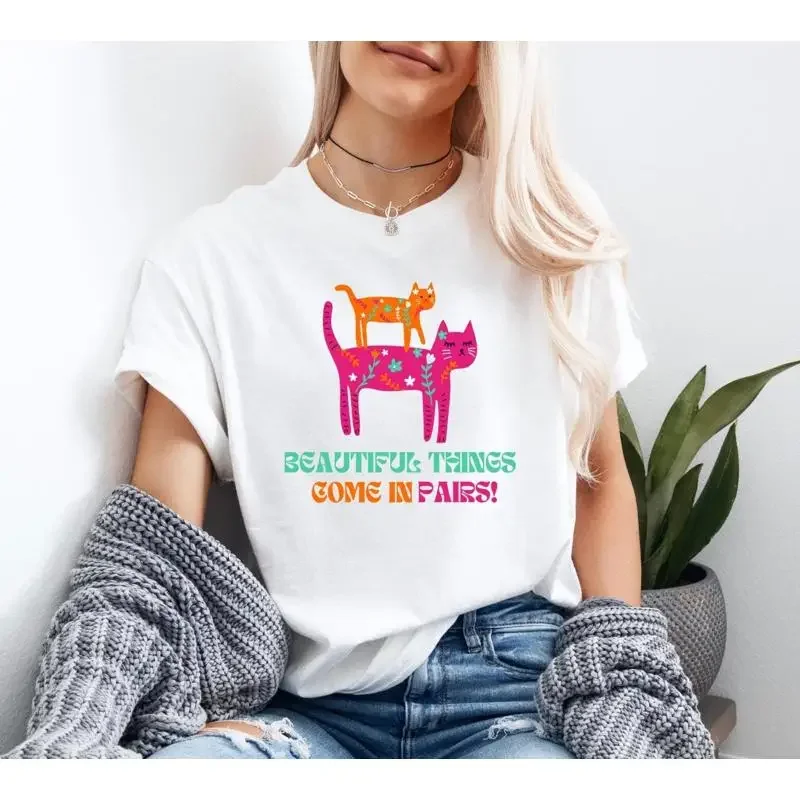 Cat Duo T Shirt Colorful Cute Feline Top Playful Kitties Pair of Cats Beautiful Things come in Pairs Heavy