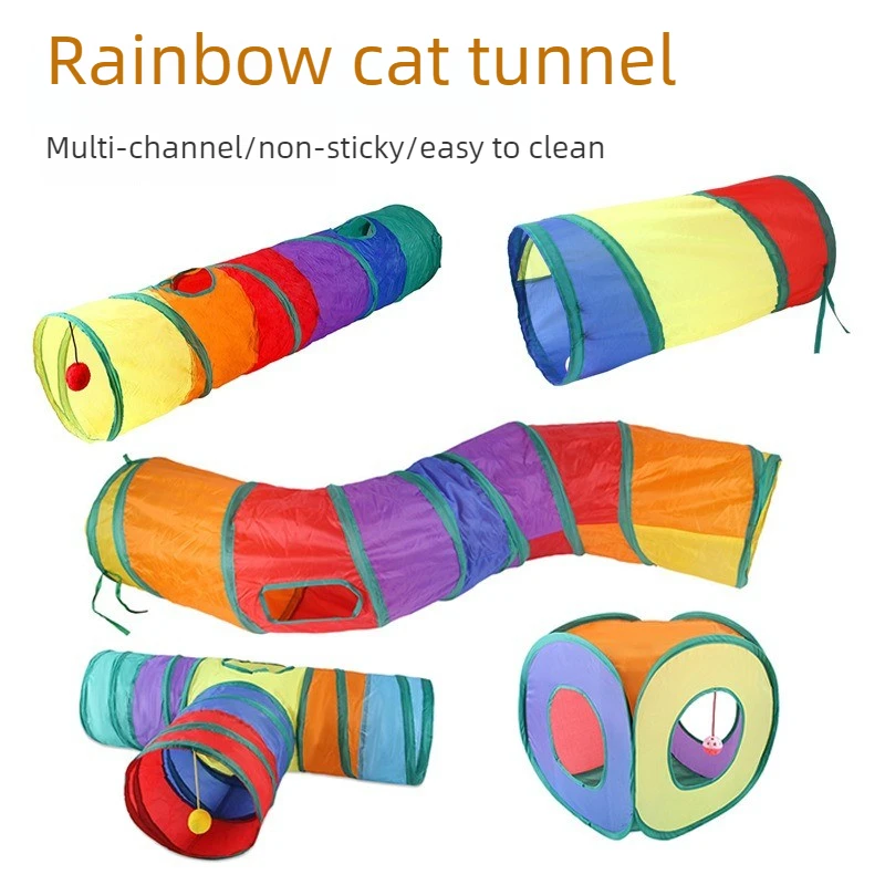Cat Tunnel Teaser Stick, Kitten Tunnel Toy, Self-Entertaining, Relieves Boredom, Consumes Energy, Rainbow Tunnel Toy