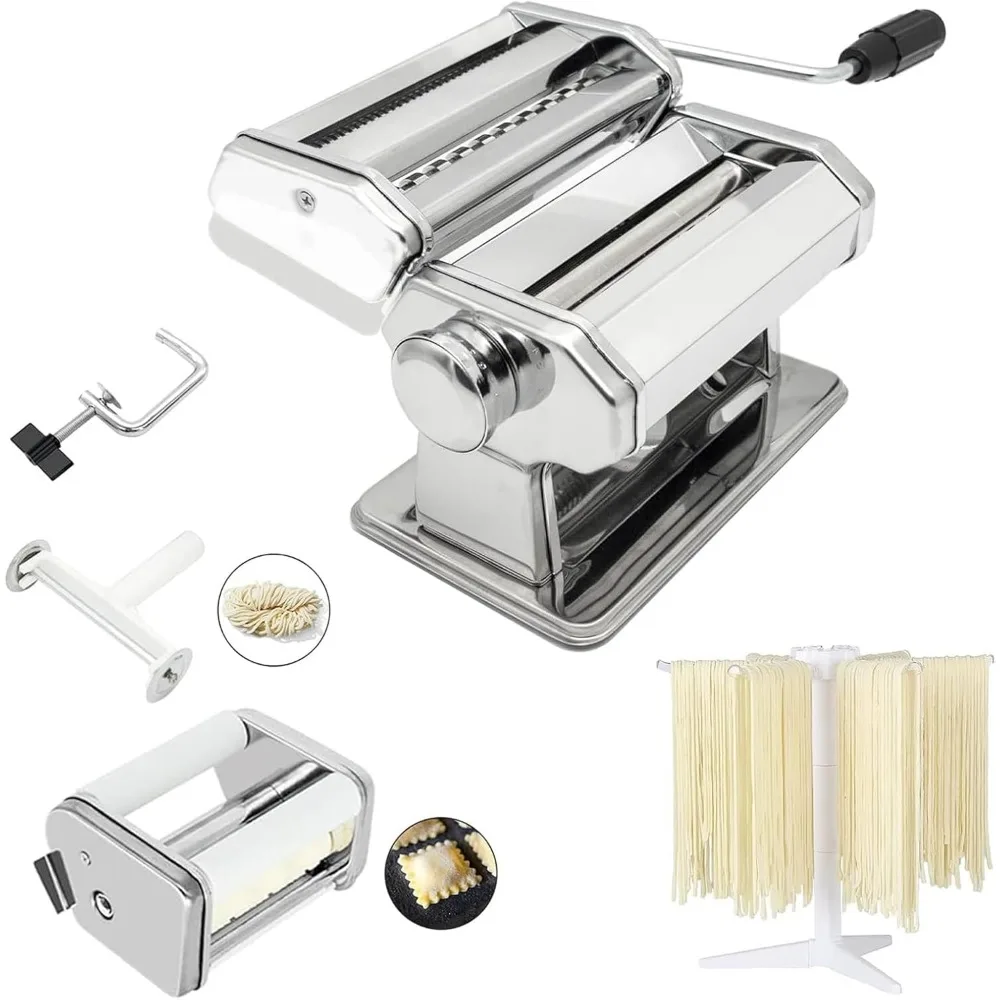 

Manual Pasta Maker Machine with 9 Thickness Settings, Includes Cutter, Ravioli Attachment & Drying Rack