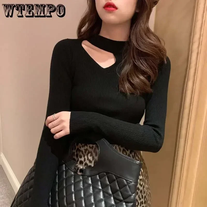 Half-high Collar Hollow-out Thin Sweater Slim Women Tight Knitted Pullover Long Sleeve Top Sexy Sweet Casual Bottoming Shirt