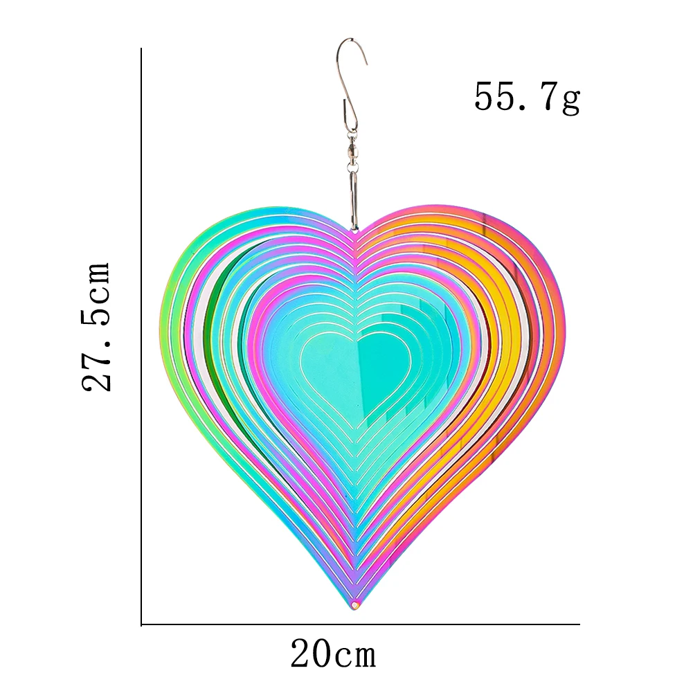 Metal Heart-shaped Stainless Steel Rotating Wind Chime Gradient Color Flow Visual Effect Garden Decoration Pendant Wall Hanging