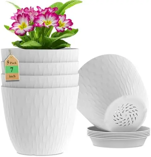 أوعية نباتات مقاس 7 بوصات، 5 عبوات مع فتحات وصحون تصريف، مزارعات بلاستيكية بيضاء للعصارة الداخلية #1