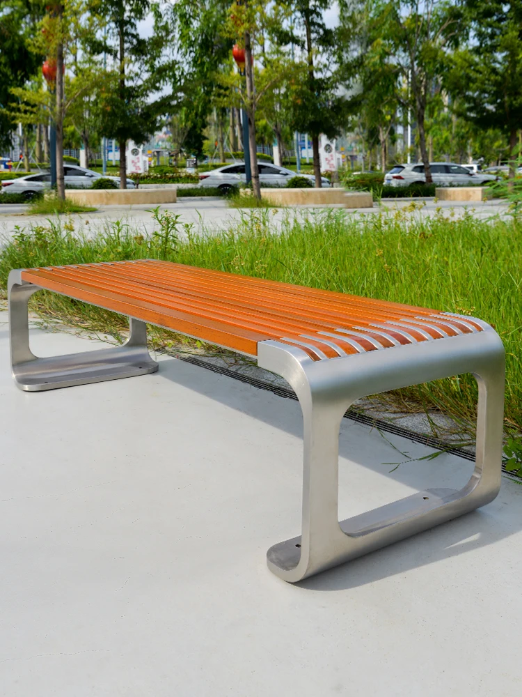 Leisure Bench Outdoor Park Backless Stainless Steel Bench Metal Solid Wood Seat Square Park Sitting