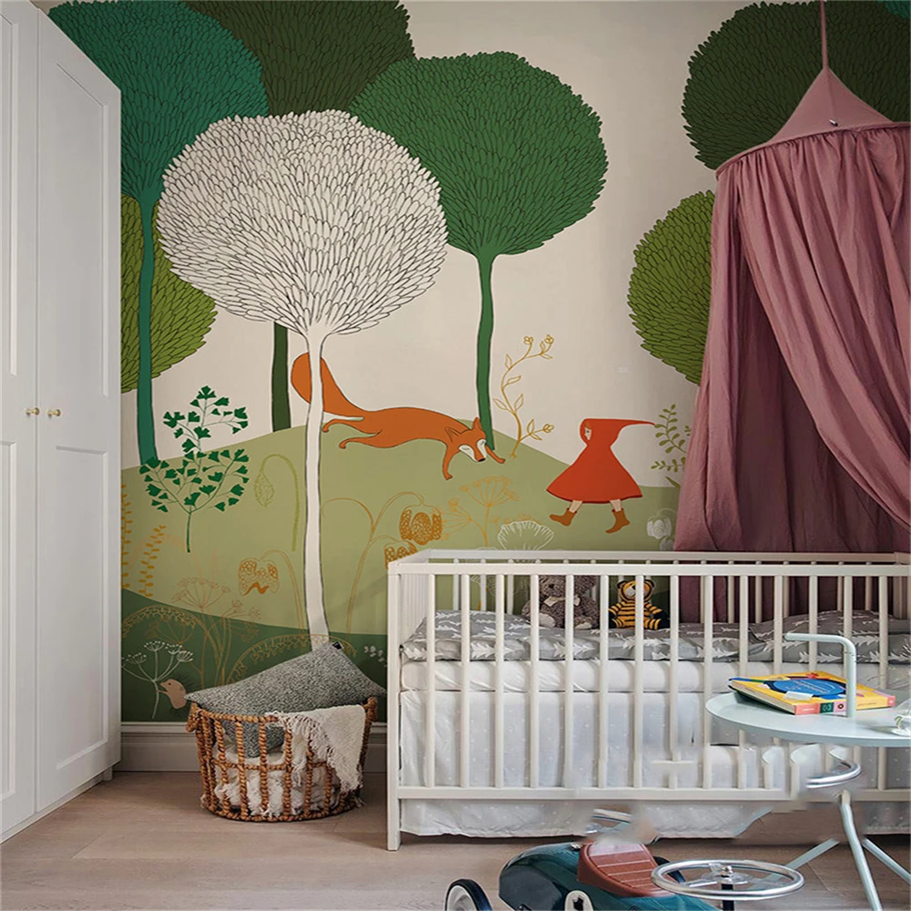 custom Nordic cartoon green plant wall paper fresh 3D wallpaper children's room headboard training class kindergarten classroom