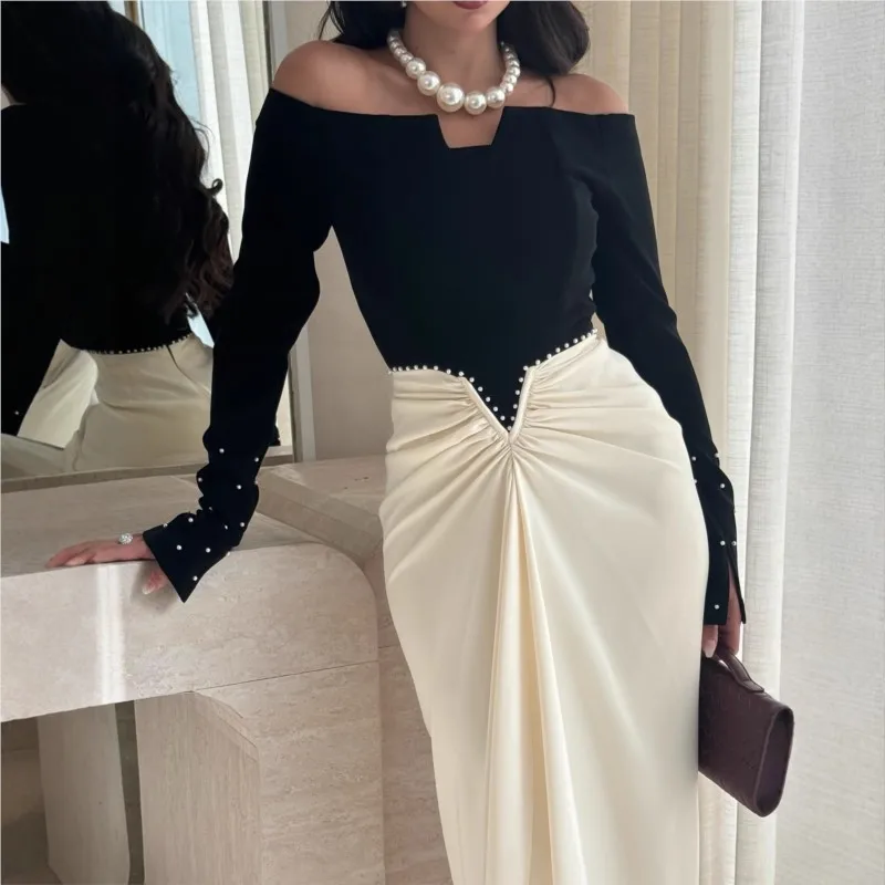 気質ドレス 2025 女性 宴会 コントラスト パール パッチワーク パッケージ ヒップ ロングスリーブ スリム ワンラインネック エレガント