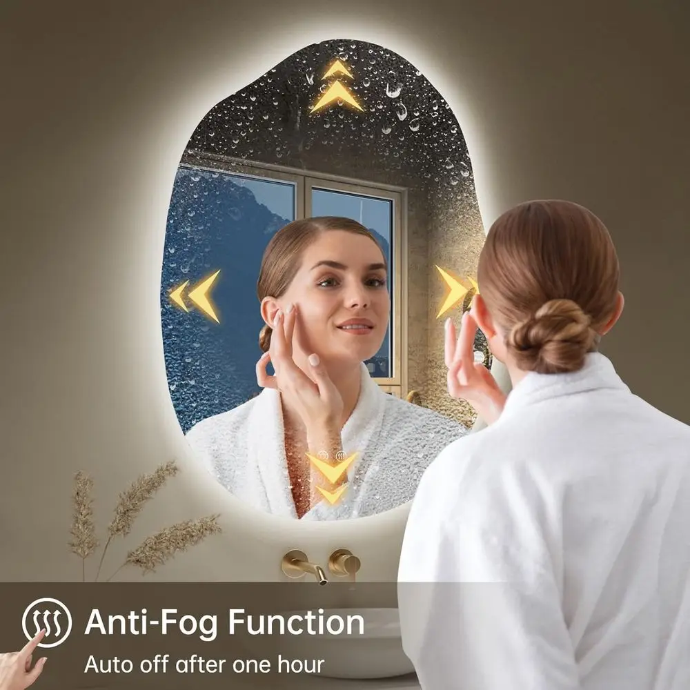 24x32 Inch LED-Illuminated Bathroom Mirror, Asymmetrical Design, Fogless, Dimmable, 3 Color Options, Horizontal/Vertical Mount