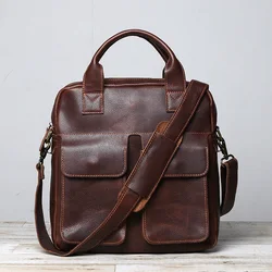 Retro Top Layer Cowhide Handbag  Men's Vertical Leather Single Shoulder Crossbody Bag  Postal Zipper Document And Computer Bag