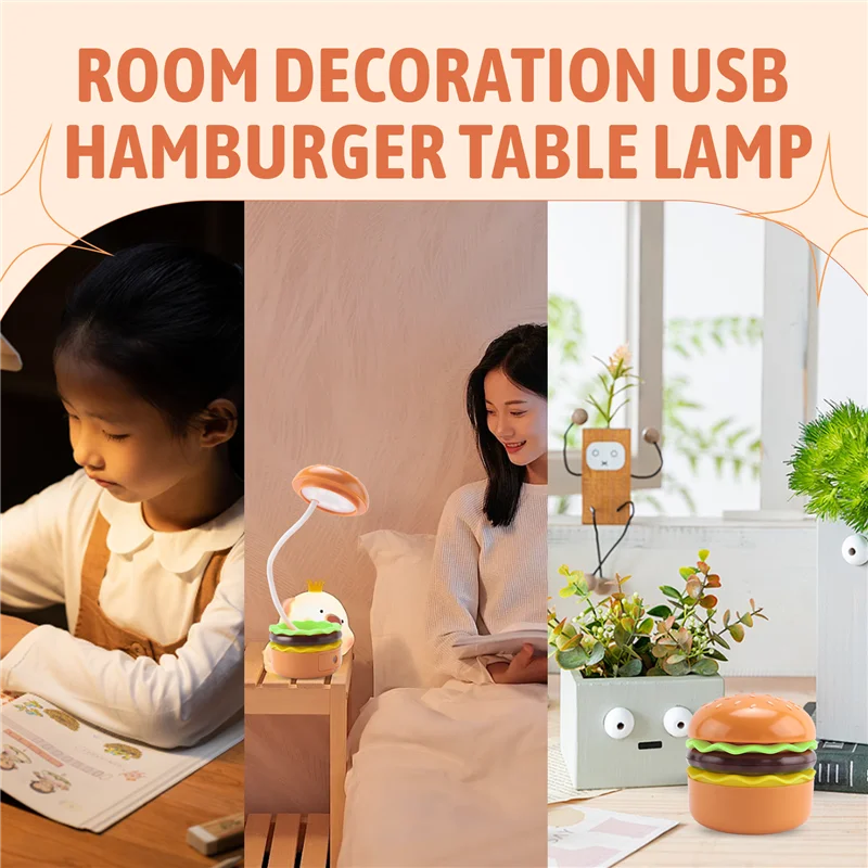 AK25-مصباح مكتبي لطيف للأطفال، مصباح مكتبي صغير همبرغر قابل لإعادة الشحن مع مفتاح لمس للرقبة قابل للتعديل مع مبراة قلم رصاص #3
