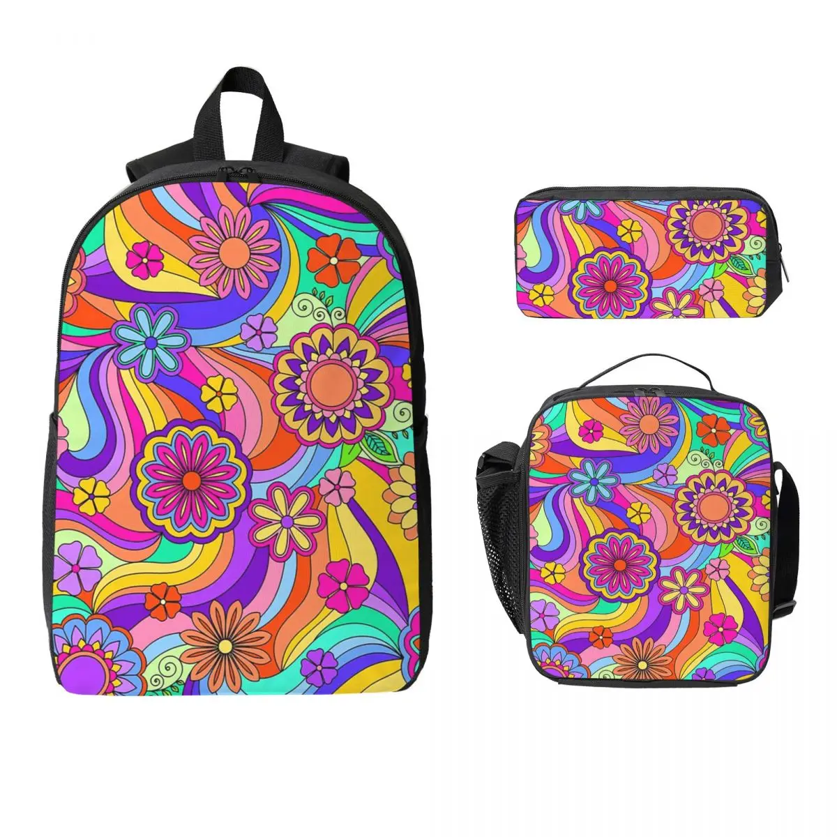 

Groovy Psychedelic Flower Power Backpack Student Boys Girls BookBag School Bag Shoulder Bags 3ps Insulated Lunch Bag Pencil Case