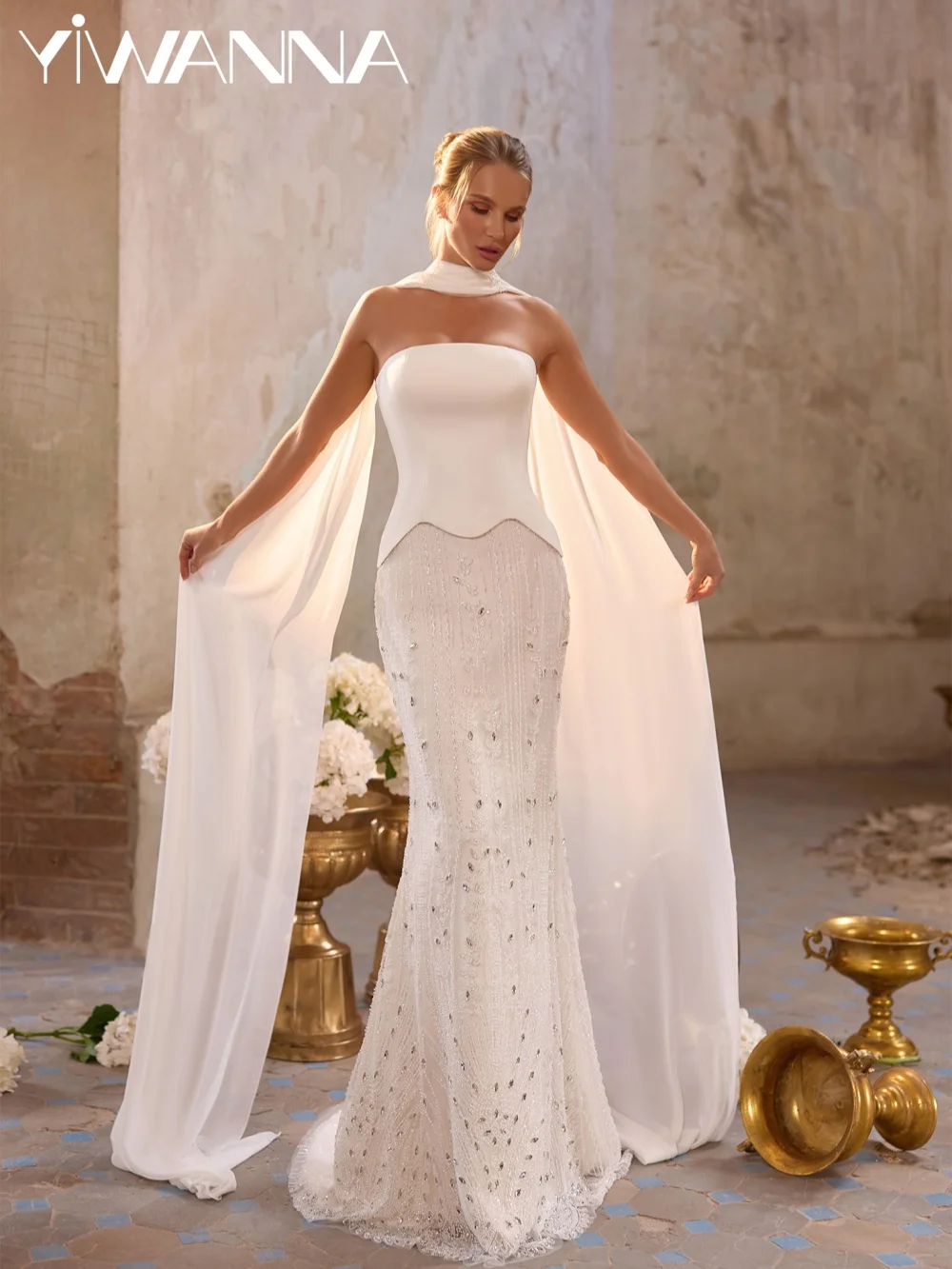 Suknia ślubna z gorsetem, haftem, kryształami, przepiękna suknia ślubna typu syrena, długa suknia ślubna szyta na miarę, wymarzona suknia bez rękawów dla panny młodej.