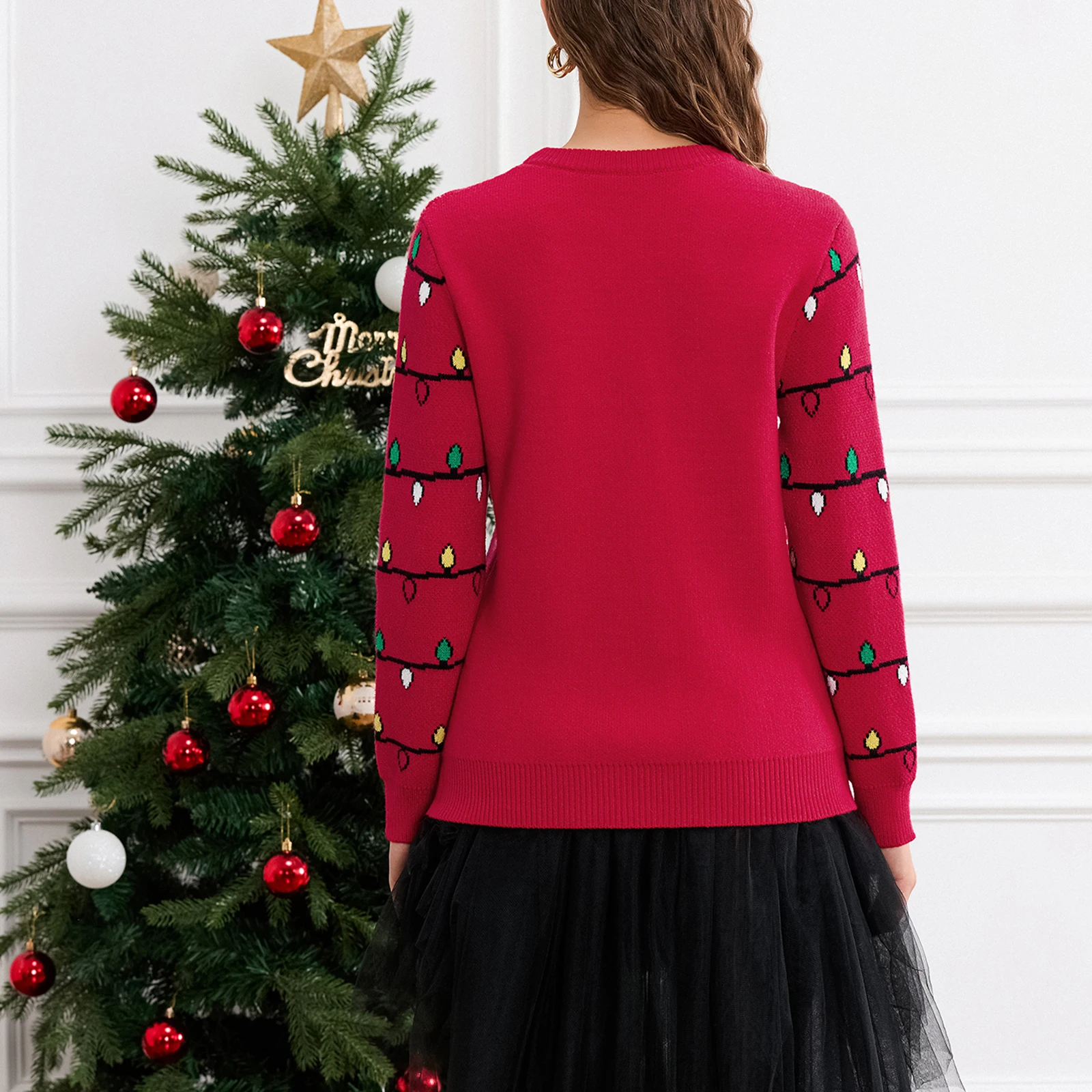 2024 Women\'s Fashion Christmas Loose Sweaters Xmas Tree String Lights Print Long Sleeve Round Neck Knitted Warm Casual Tops