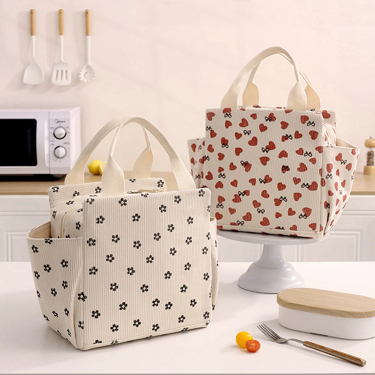 12L Lunch Box Bag, Thickened Aluminum Foil Insulation Lunch Bag, Printed Corduroy Material Waterproof and Oil Proof Meal Bag