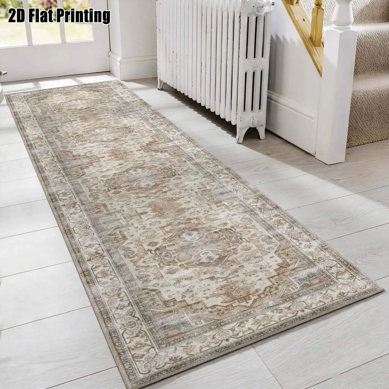 1Pc 2D Printed Long Strip Rug, Beige Geometric Floral Pattern European/Retro/Bohemian/Minimalist Style, Machine Washable, Multi-Size, Ideal for Entrance, Hallway, Living Room, Bedroom Home Decor.