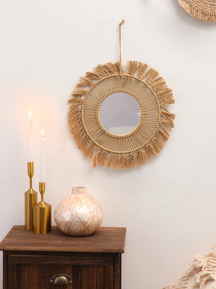 Brown Hand Woven Wall Mirrors Decoration Boho Home Decorations Decorative Mirrors Bedroom Crafts Wall Hanging Room Pendant Gift