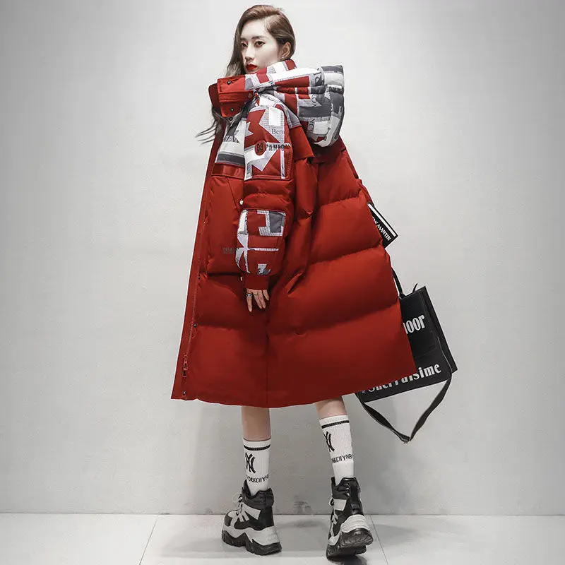 High-end na moda cor contrastante para baixo jaqueta feminina médio e longo sobre o joelho novo coreano pato branco para baixo jaqueta engrossado