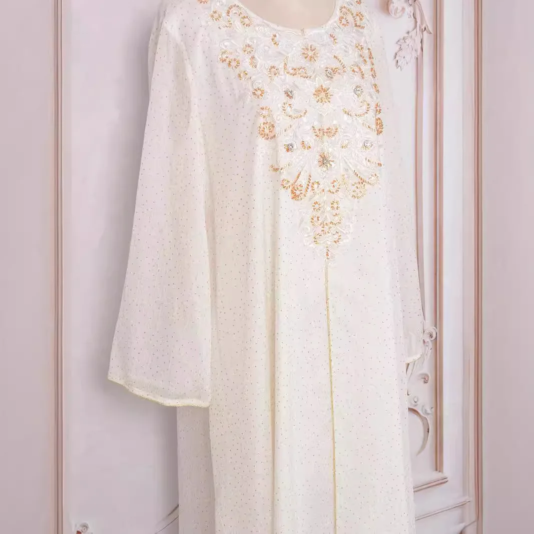 Women\'s Muslim 2024 Summer New Dress White Beaded Long Sleeve Round Neck Fashion Casual Temperament Elegant Loose Swing Robe