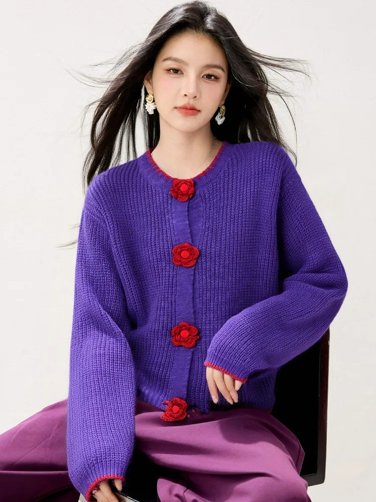 

2025 French Sweet 3D Flower Sweater Coat Women's Autumn Winter Korean O-Neck Long Sleeve Loose Lazy Style Knitted Cardigan Tops