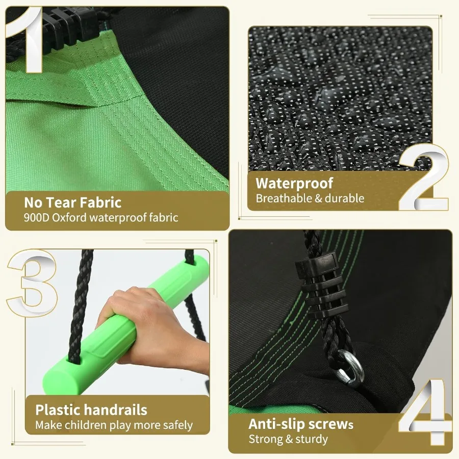 Balanço de pires de 40 polegadas de diâmetro - Estrutura de aço de 1 polegada de 1 mm de espessura com tampa de tubo de espuma Tapete Oxford PP durável preto verde claro