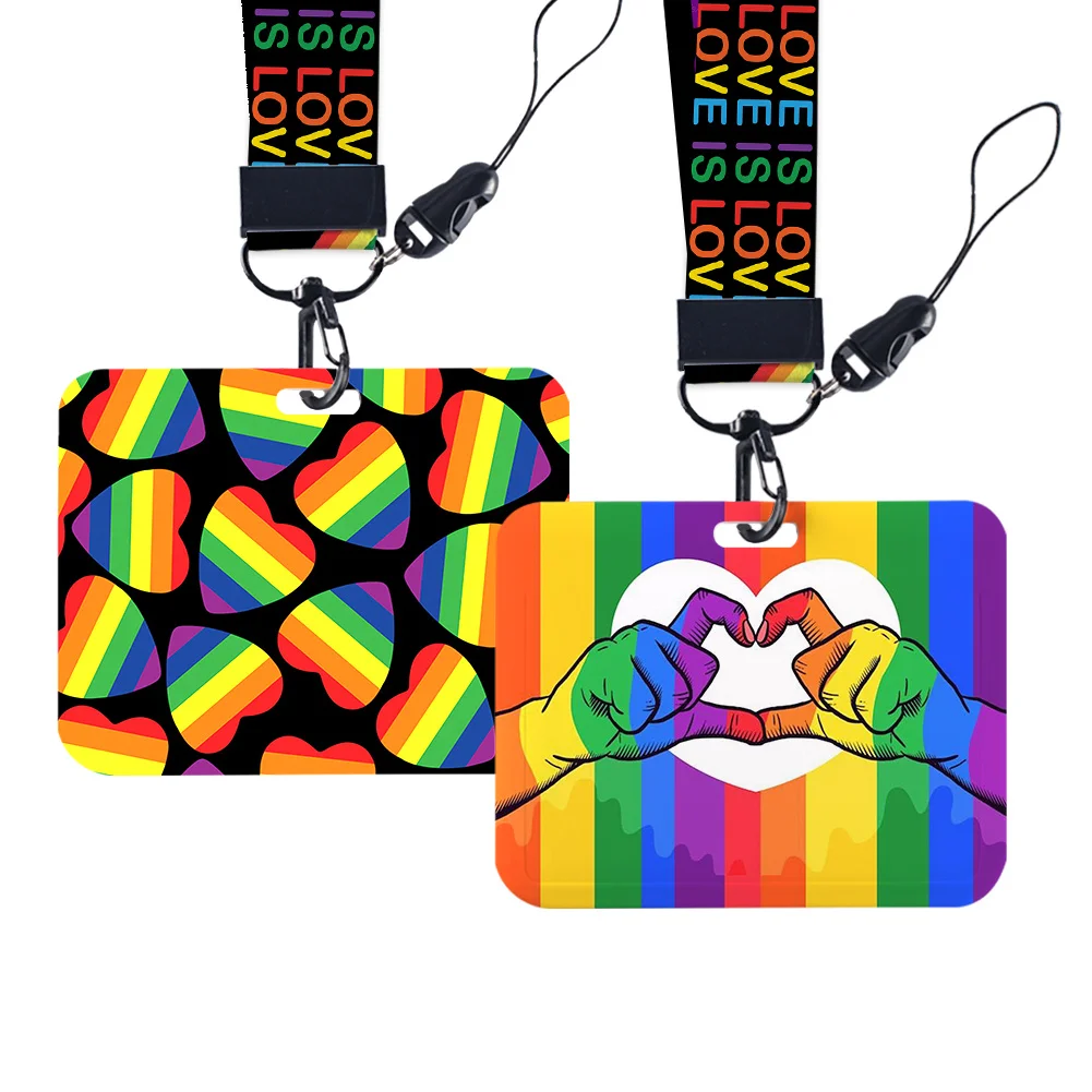 LGBTQ Pride Work Card Holder Neck Strap Glitter Acrylic Badge Reel Clip Hard Plastic Business Team Card Protector Gift DIY Badge