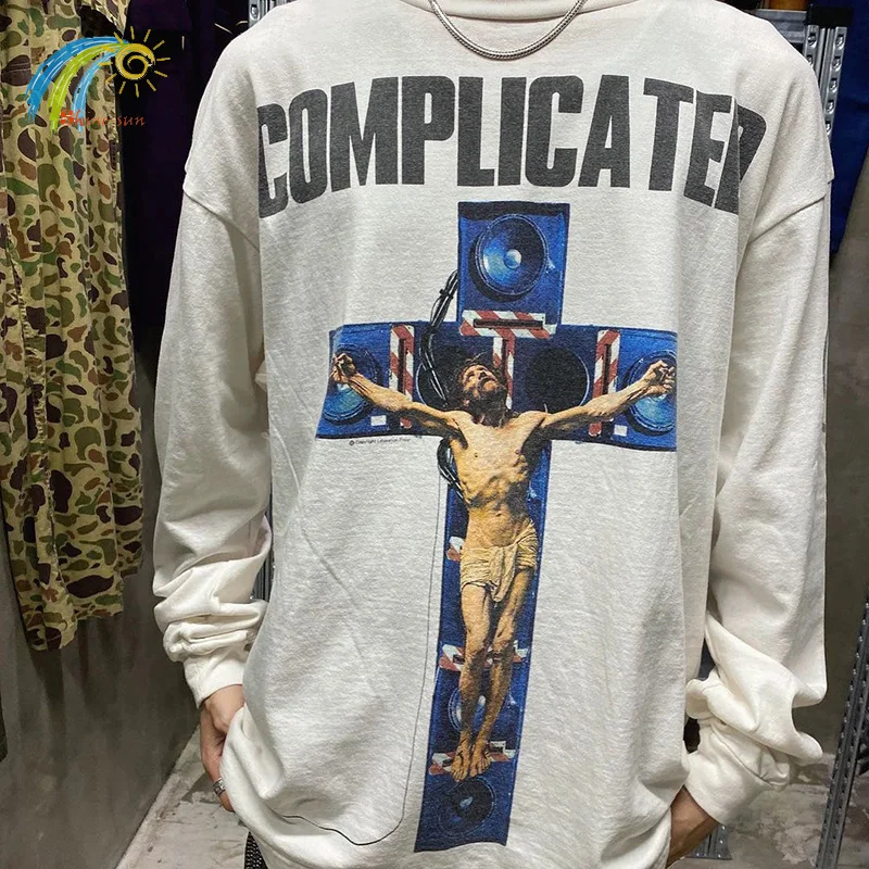 Vintage Cross Print Saint Micheal Long Sleeve T-Shirt Men Women Streetwear Oversized Cement White T Shirt Tops Inside Tags