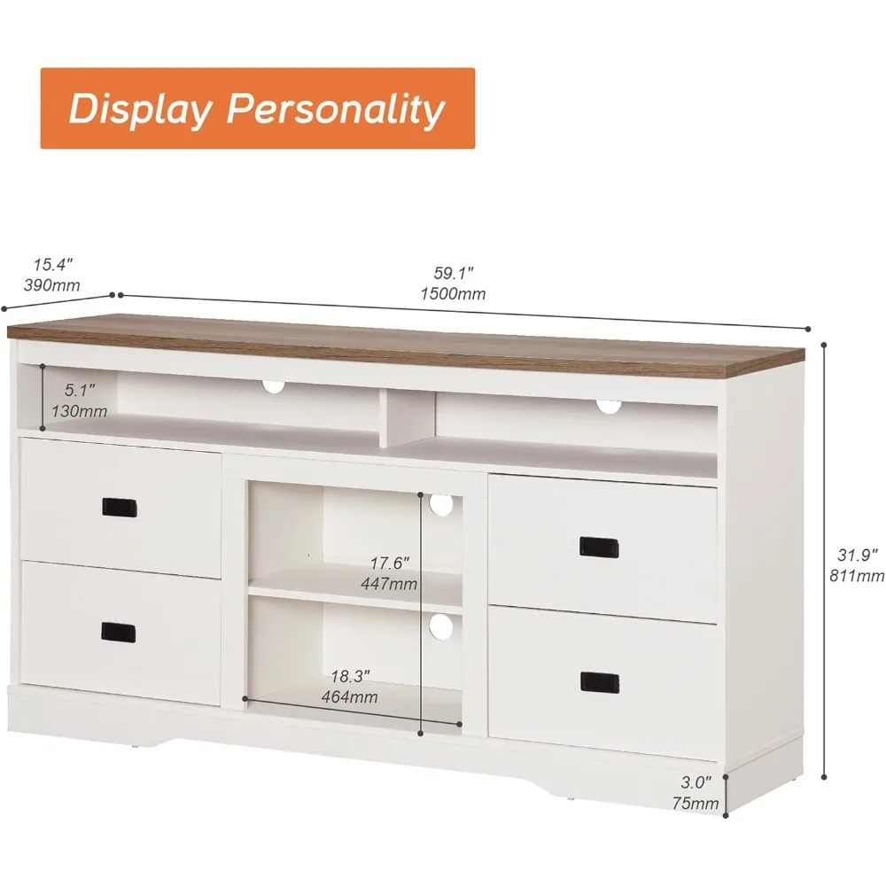 حامل تلفزيون خشبي عتيق مقاس 65 بوصة مع أدراج وأرفف قابلة للتعديل، ومركز ترفيه للوسائط الطويلة لأجهزة التلفاز الكبيرة