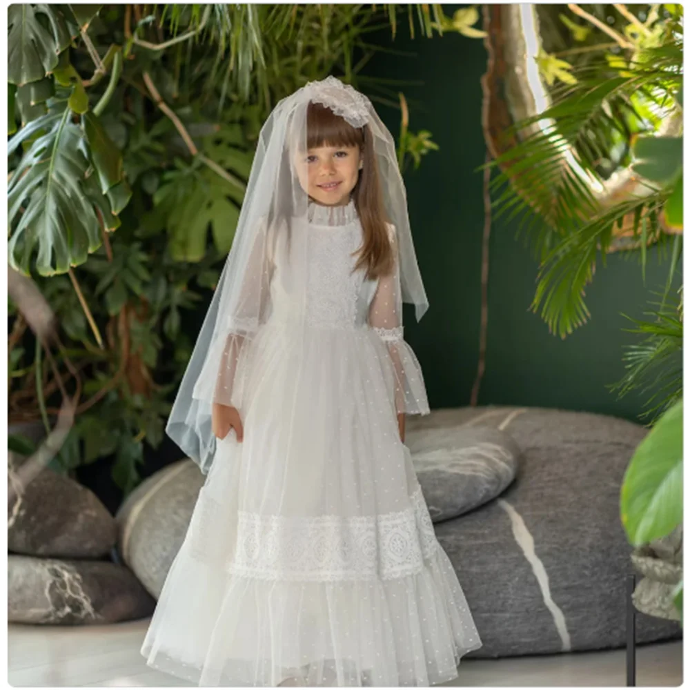 

White Elegance Pageant First Holy Communion Dresses for Girls Long Lace Dot Flower Girl Wedding Dresses Tulle Prom Communion