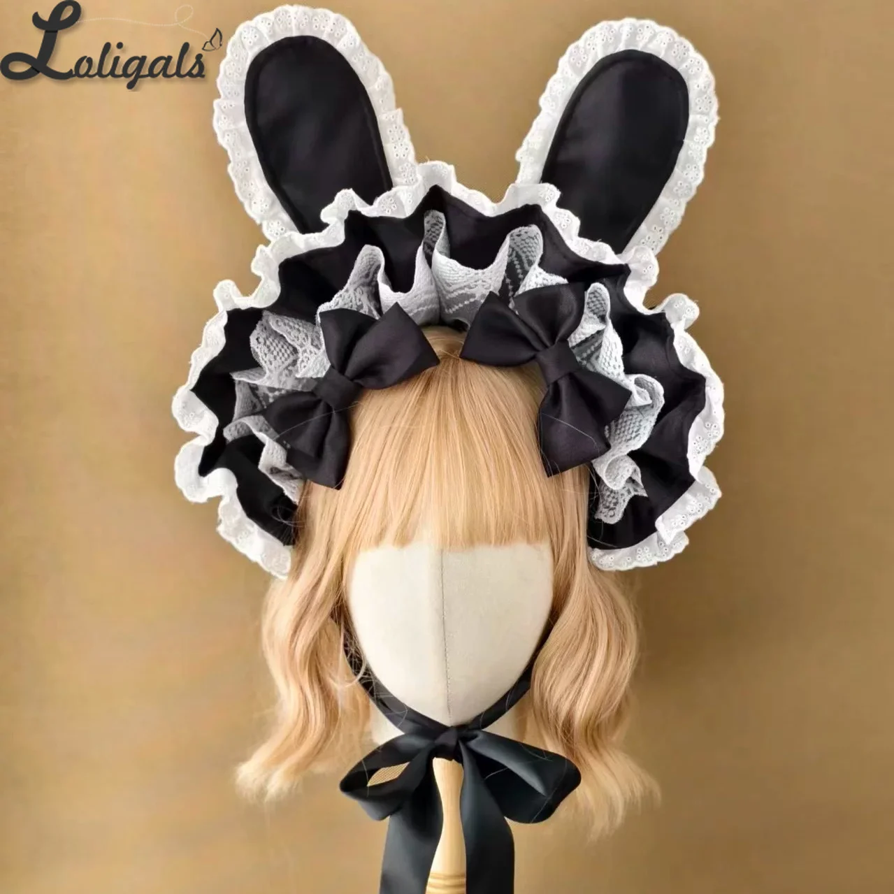 Cute Lolita Bonnet Headpiece Handmade 20cm Long Rabbit Ear Ruffled Daily Hat