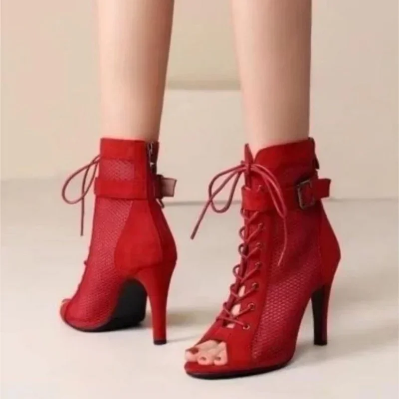 2025 New Noble High Quality Jazz Dance Shoes for Women's Sexy Red  Heels Ankle Boots Peep Toe Zipper Indoor Dancing  Sandals