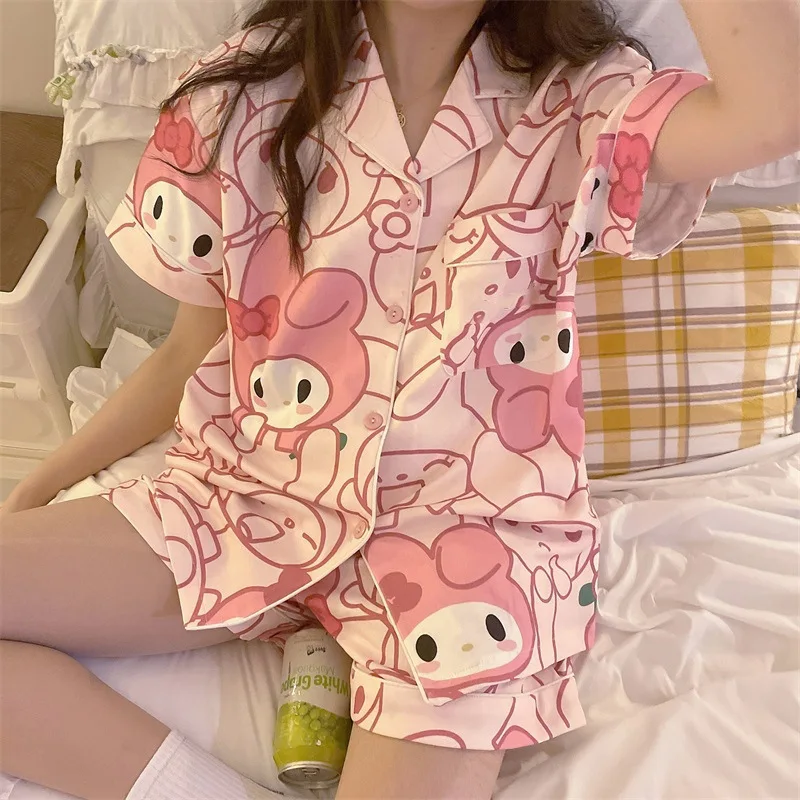 Sanrio Kawaii Hello Kitty Kuromi My Melody Homewear Pajamas Summer Ice Silk Clear Girls Cartoon Sweet Cool Short Sleeve Shorts