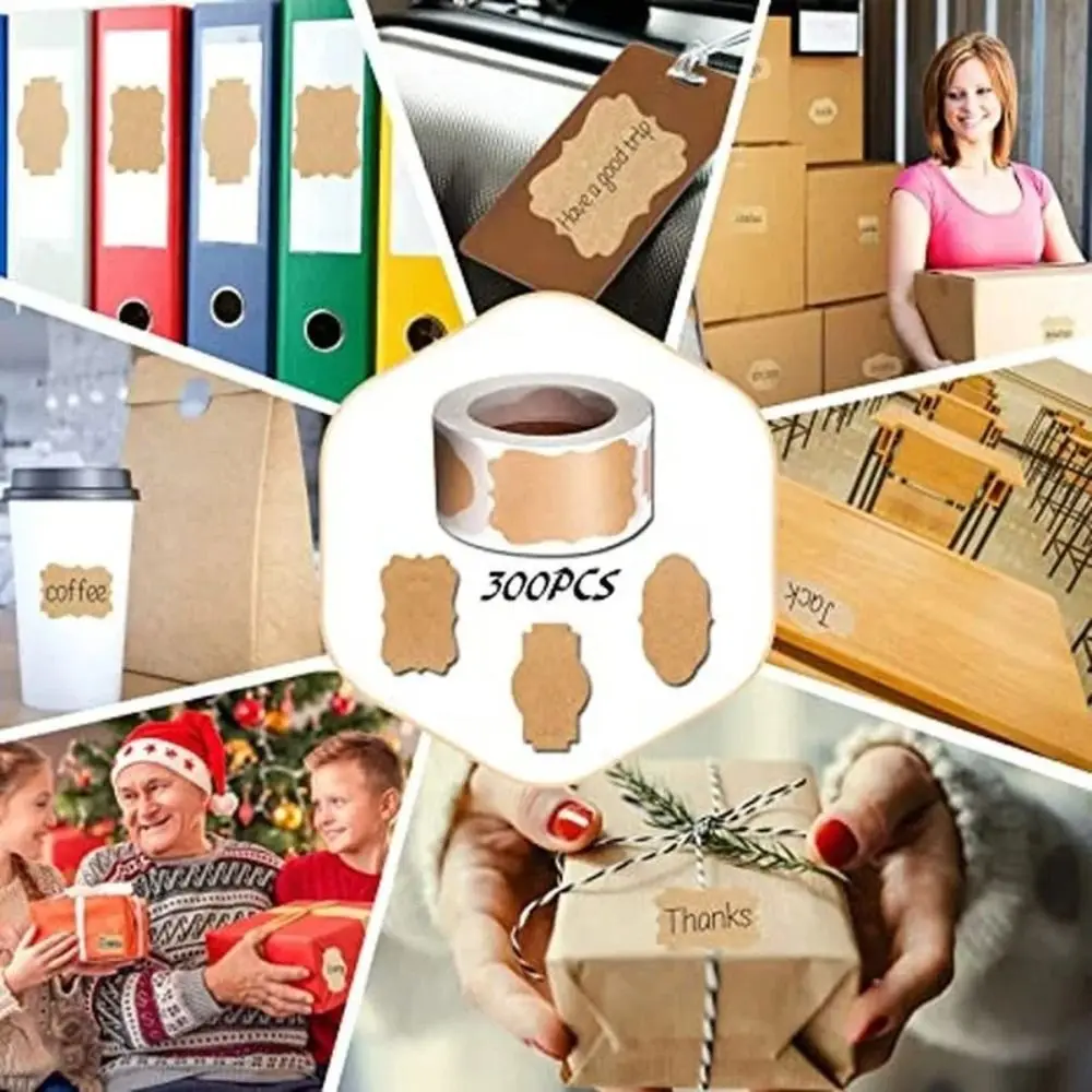 300Pcs/Roll New Self-adhesive Kraft Paper Stickers Organizer Label DIY Gift Tags Brown Baking Sticker