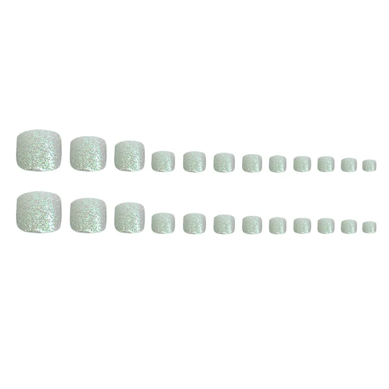 24 Stück kurze quadratische künstliche Zehennägel für Party, Hochzeit, silberglitzernde künstliche Pedikürenägel, falsche Zehennägel – Detail 4