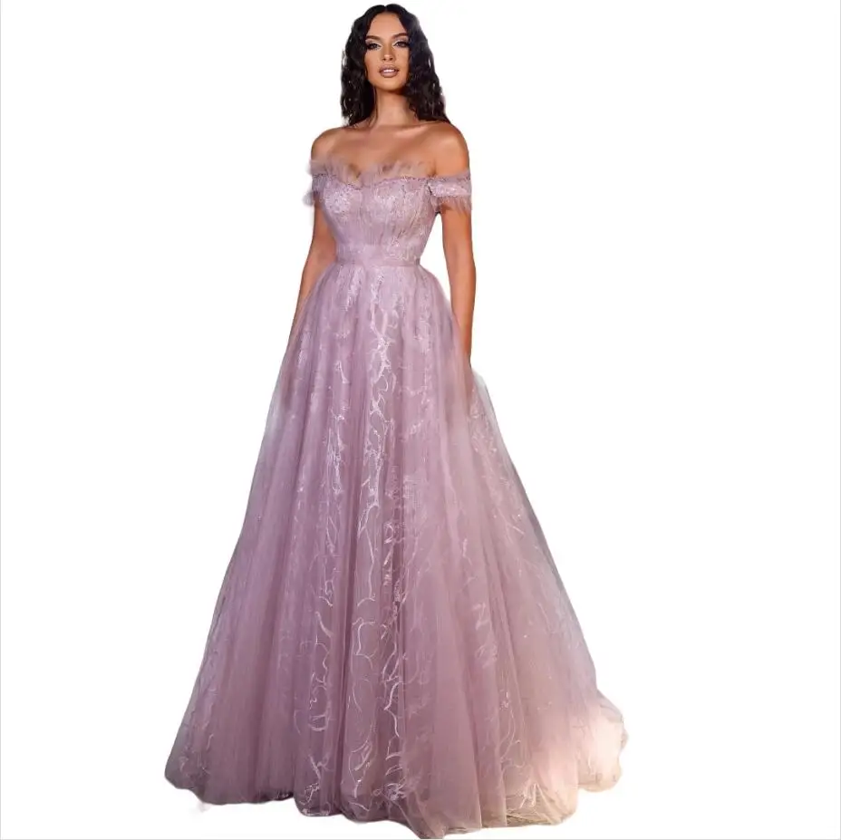 

Pink Lace Prom Dresses فساتين سهرة Off the Shoulder Beaded Maxi Gown Fashion Wedding Party Dress bestidos de gala