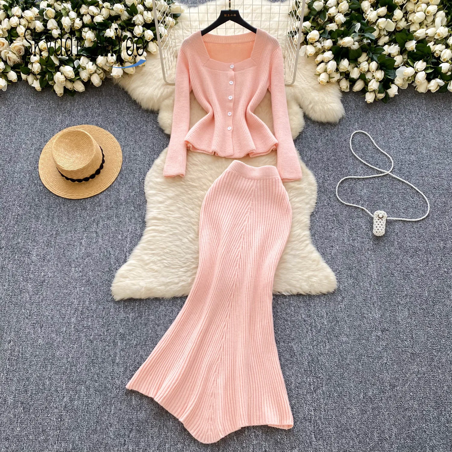 Two Piece Set For Women's Suit Autumn Winter Knitted 2 Pieces New In Matching Sets Squre Neck Sweater Top And Bodycon Long Skirt