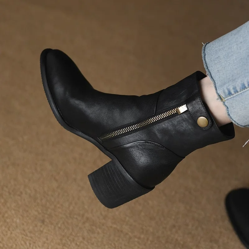 

Woman Ankle Boots Round Toe Women Winter Boots Soft Horsehide Ladies Warm Shoes Side Zippers Autumn Spring Buckle Shoes