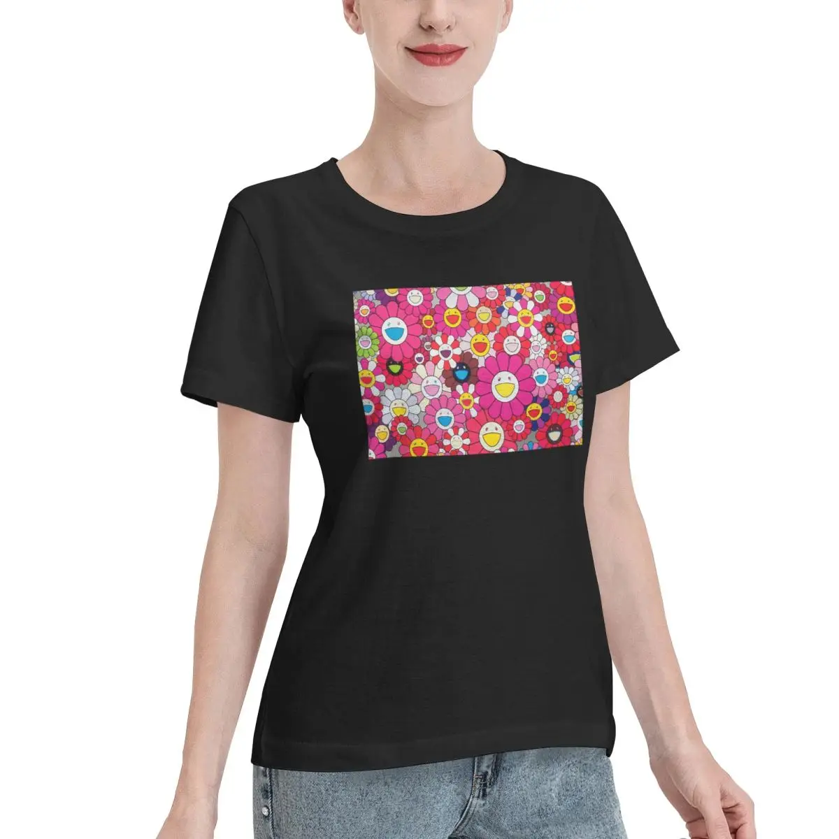 Wardrobe Essential Pink Happines Flower Women's T-shirt Travel Outfit Ladies Tee