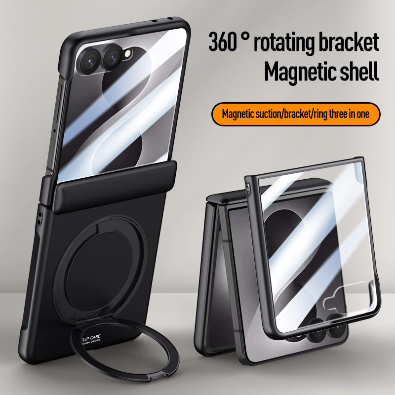 For Samsung Galaxy Z Flip 8 5G Case Matte Rotating Bracket Magnetic Wireless Charging Hinge With Tempered Film Shockproof Cover