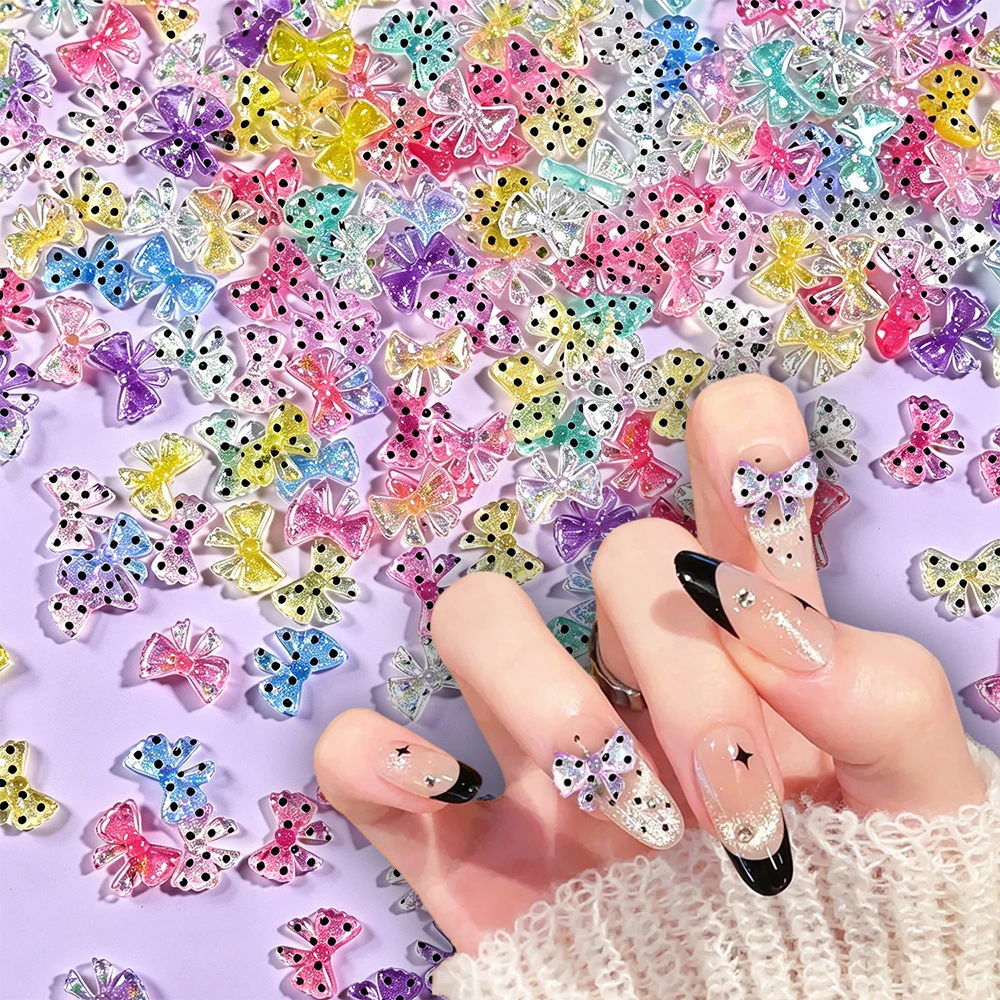 50pcs Polka Dot Resin Bow Nail Charms 3D Colorful Aurora Transparent Glitter Bowknot Nail Decorations Shiny Bowtie Nail Supplies