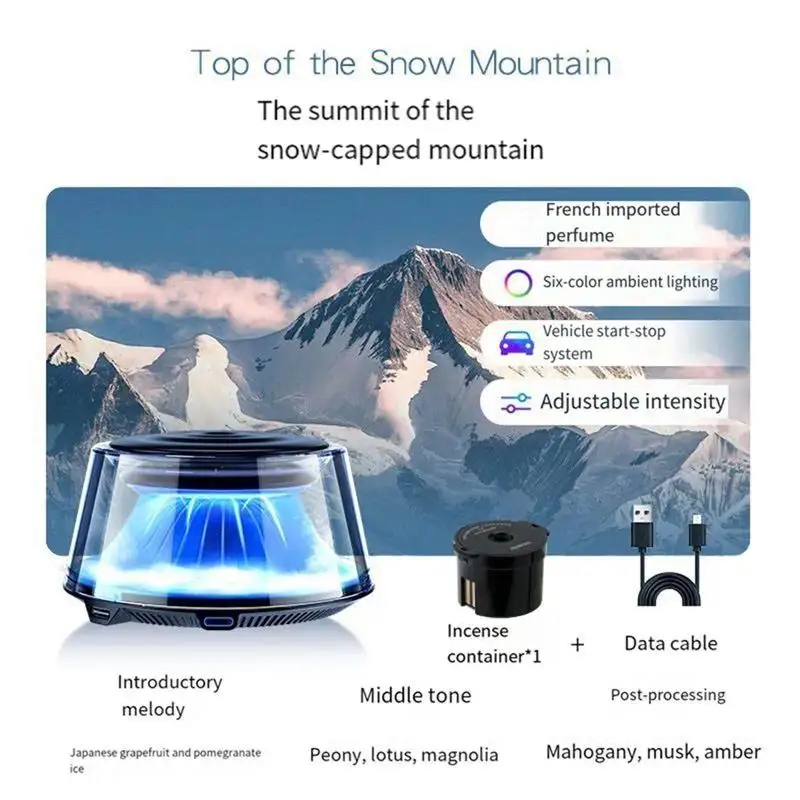 

For Mercedes-Benz, BMW, Audi, Volkswagen, Toyota, Honda, Tesla New rechargeable snow mountain-shaped LED car aroma diffuser