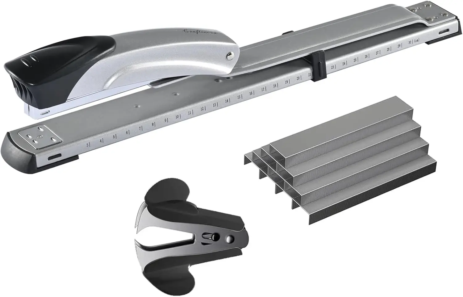 

Long Reach Stapler with 2000 Staples & Staple Remover, 25-Sheet Capacity, Built-in Ruler, Adjustable Paper Guide for Office Use