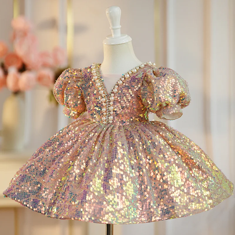 2024 Baby Girl sequin Dresses flower girls Wedding Dress Princess Party Clothing Toddler Kids Birthday Baptism Formal Gala Gown