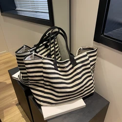 Casual Striped Canvas Bag For Women Large Capacity Shoulder Bag Daily Shopping Totes Student Bookbag for School Travel Beach Bag