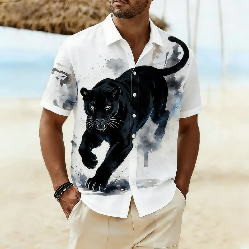 Men's Casual Stylish Watercolor Wild Animal Print Short Sleeve Shirt Casual Fashion For Daily Wear And Summer Outings
