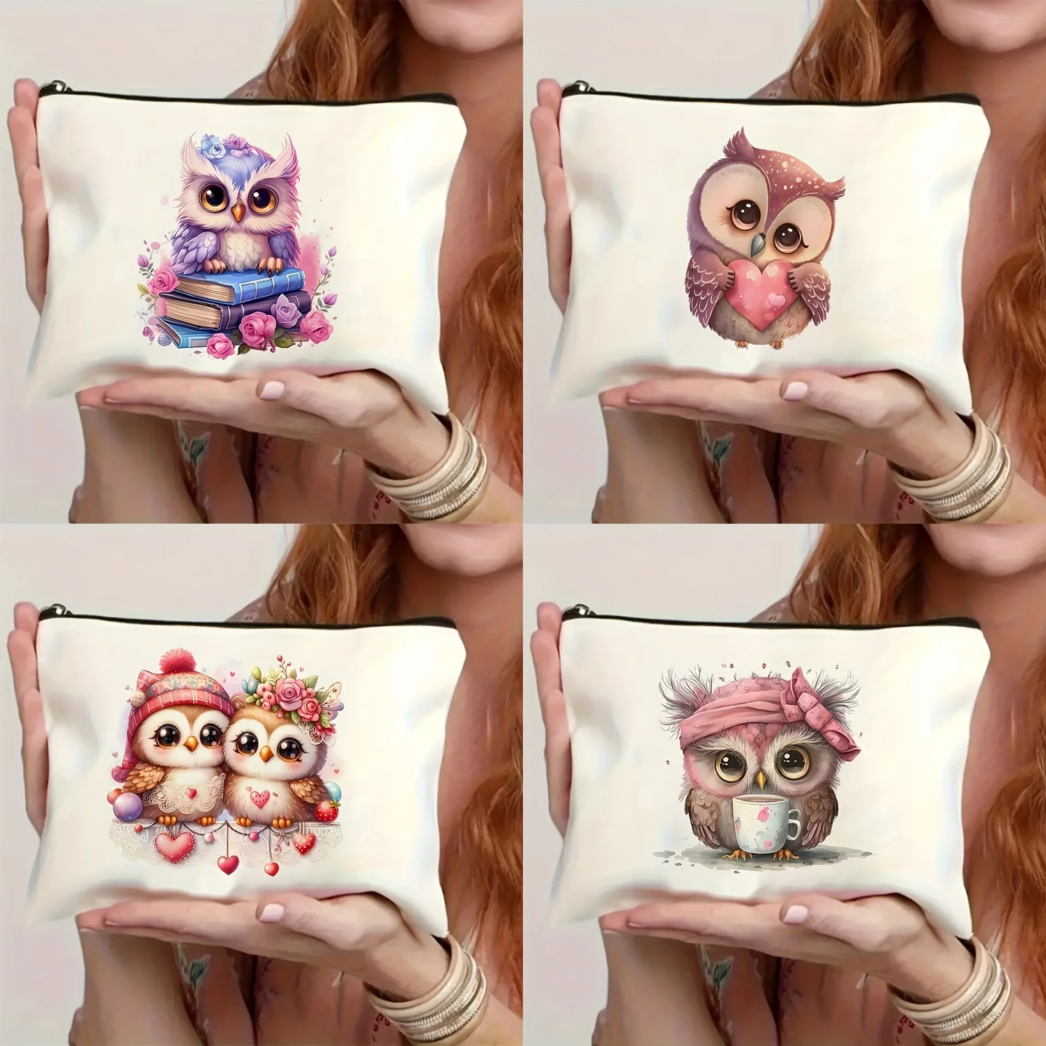 Niedliche Eulen-Blumenbuch-Make-up-Tasche, bedruckte Reißverschlusstasche, multifunktionale Aufbewahrungstasche, unverzichtbare Kosmetiktaschen mit großer Kapazität