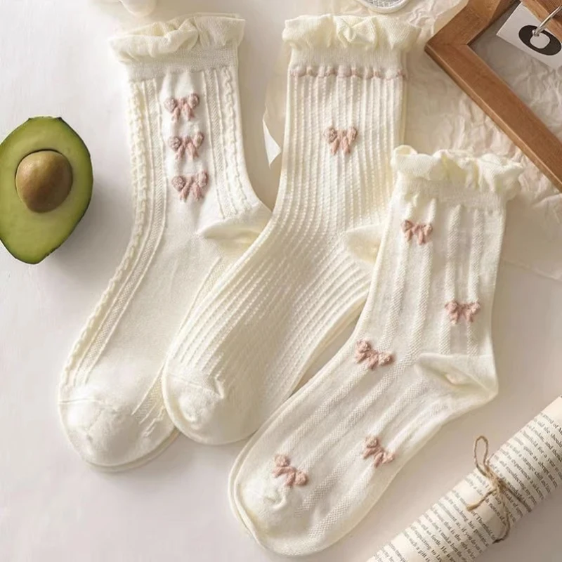 

Lolita Cotton Socks Girls Ruffles White Middle Tube Sock JK Bowknot Socks Japanese Harajuku Style Socks