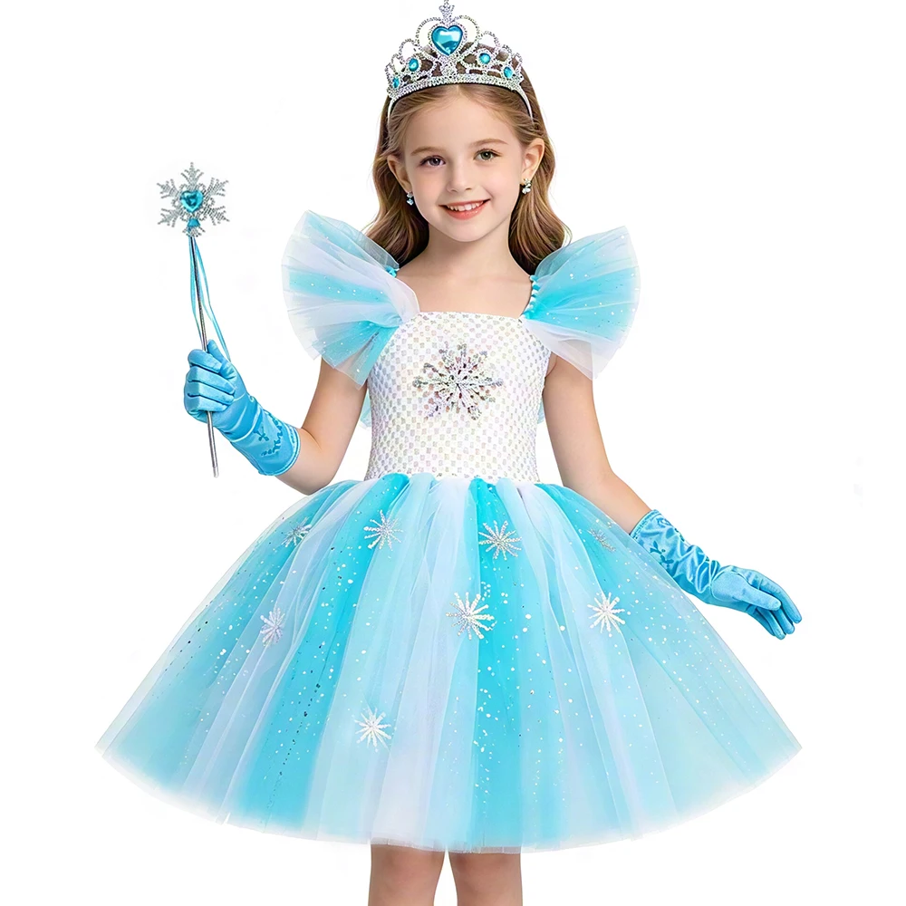 Glitter Sequins Blue Princess Tutu Dress Costume for Girls Halloween Dress Up Clothes Snowflake Kids Birthday Party Tulle Dress