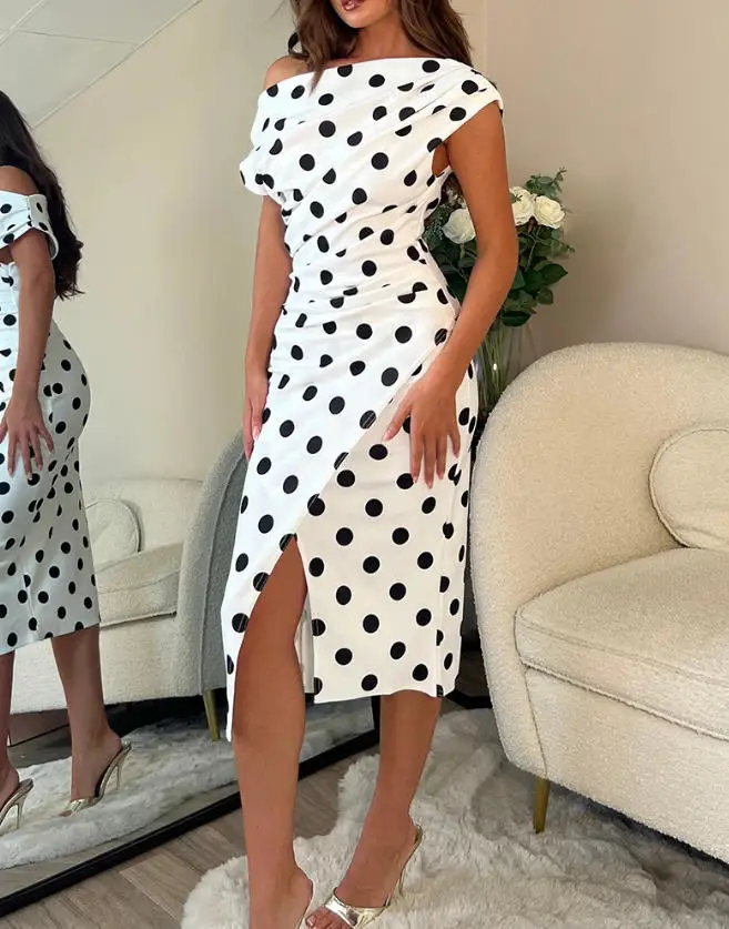 

Polka Dot Print Skew Neck Ruched Mid-Length Dress Elegant Wrapped Slit Dress