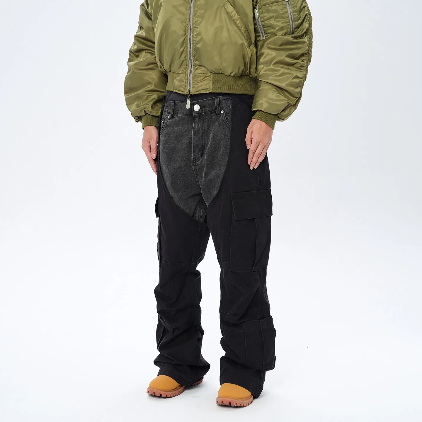 Fashion American High Street Washed Distressed Color Contrast Patchwork Fake Two Multi-Pocket Word Micro-Pull Cargo Jeans Men