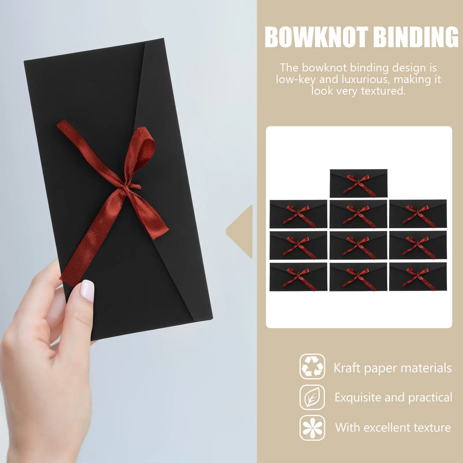 

10 шт. конвертов из крафт-бумаги для приглашений, подарочных карт, писем, с бантом, элегантные праздничные поздравительные конверты