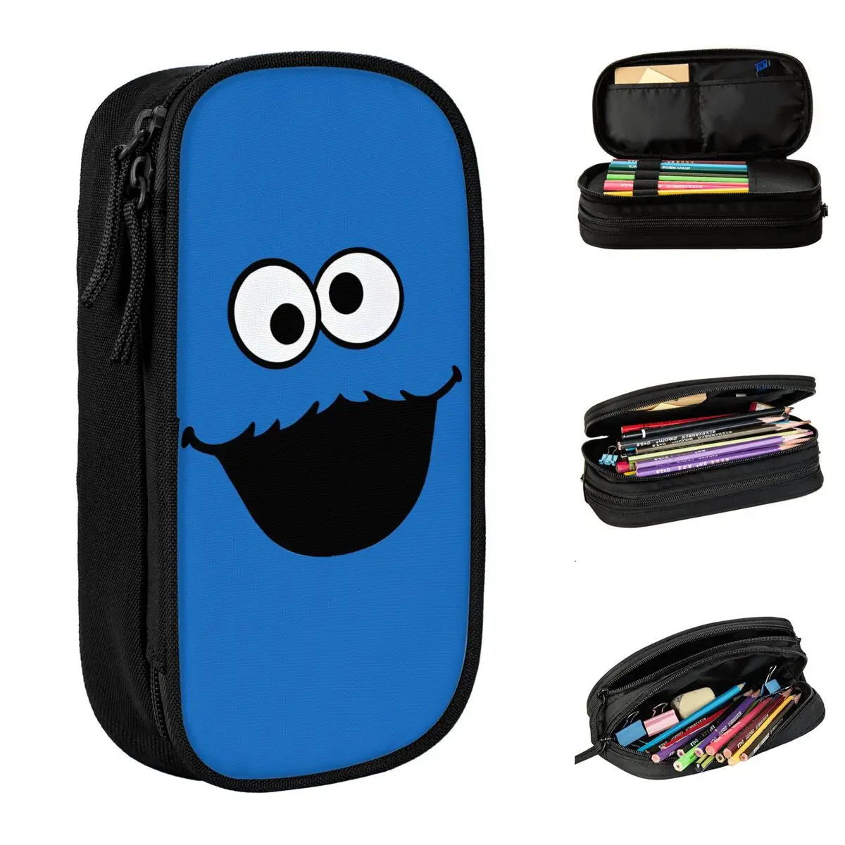 S-Sesame Street Cookie Monster Face Pencil Case Pencilcases Pen Holder for Girl Boy Large Storage Bag School Gifts Stationery